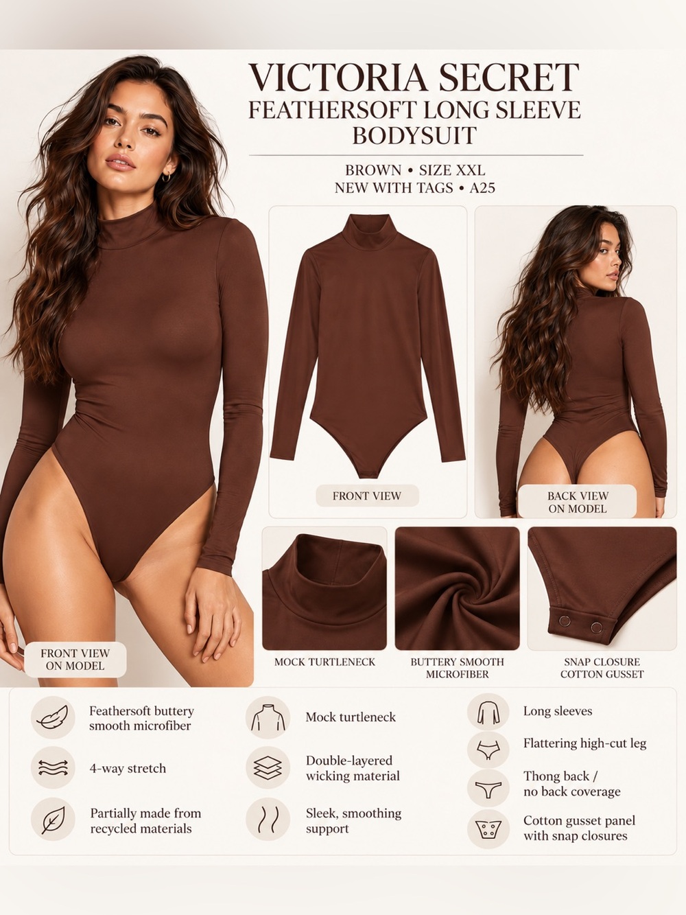 VICTORIA’S SECRET FEATHERSOFT LONG SLEEVE BODYSUIT – BROWN SIZE XXL (NEW) A25
